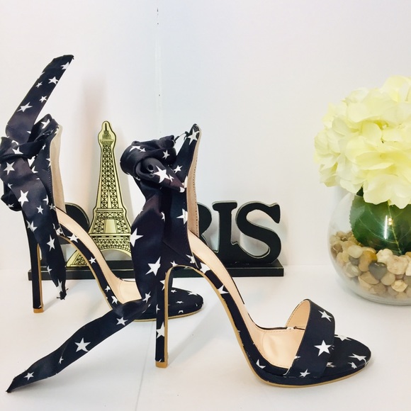 COCO WREN Shoes - COCO WREN BLUE WITH STARS SATIN WRAP STILETTOS